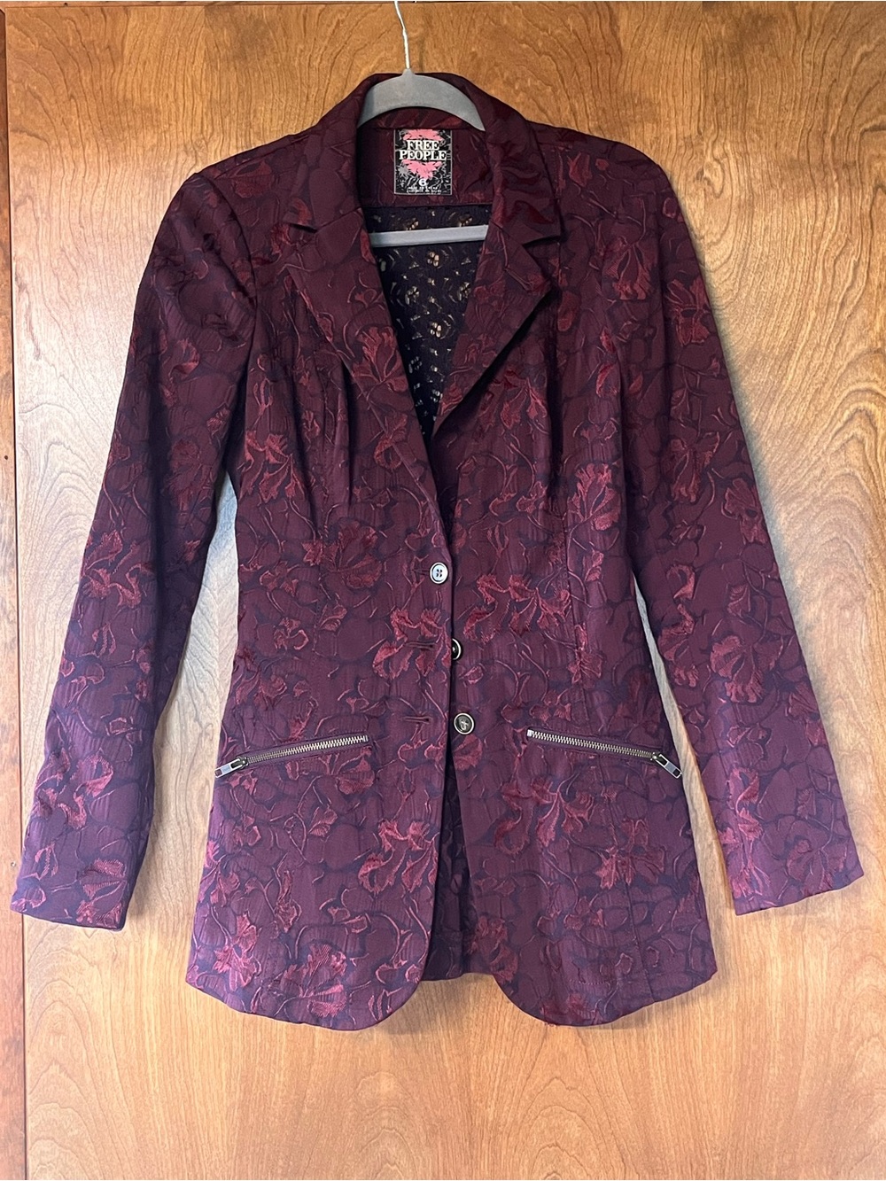 Free People Burgundy Floral Jacquard Blazer Jacket